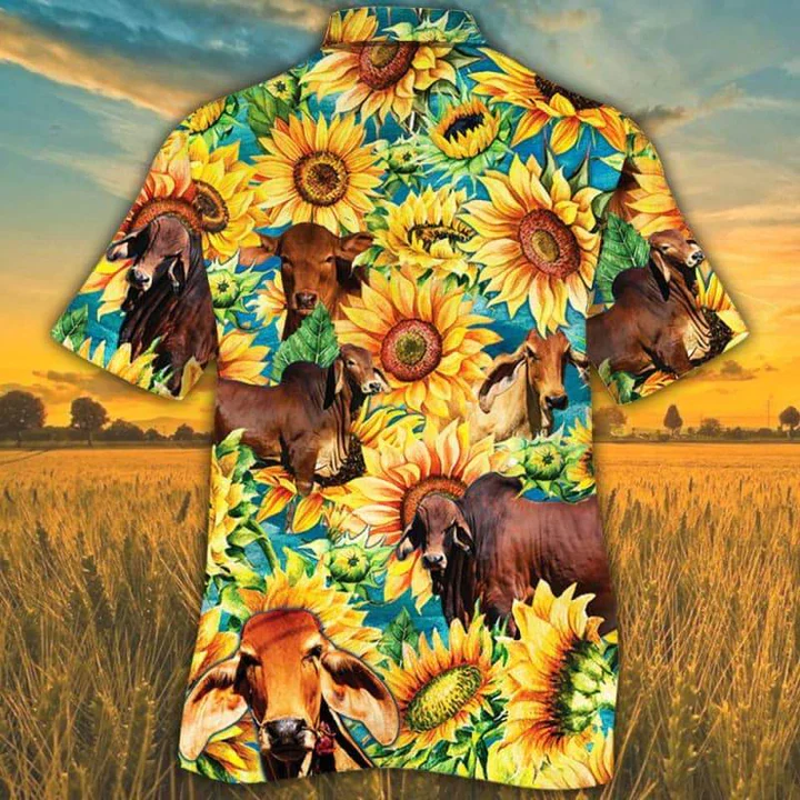 Red Brahman Trendy Hawaiian Shirt For Men, Women, Cow Cattle Lovers Sunflower Watercolor Trendy Hawaiian Shirt