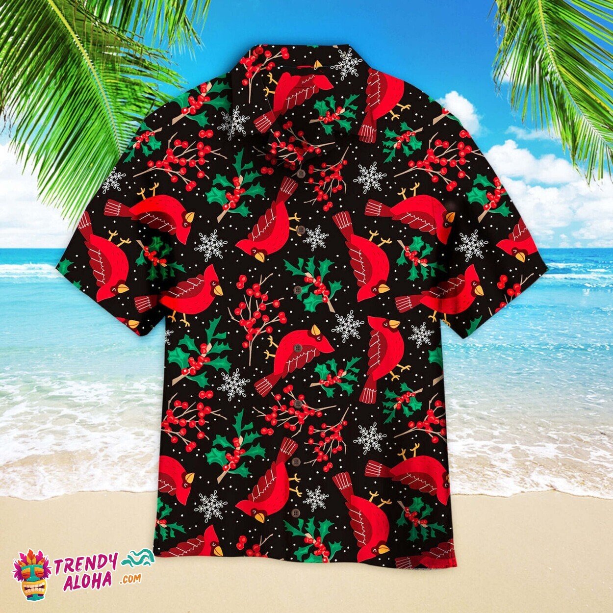 Red Cardinal Bird Christmas Pattern Beach Aloha Hawaiian Shirt
