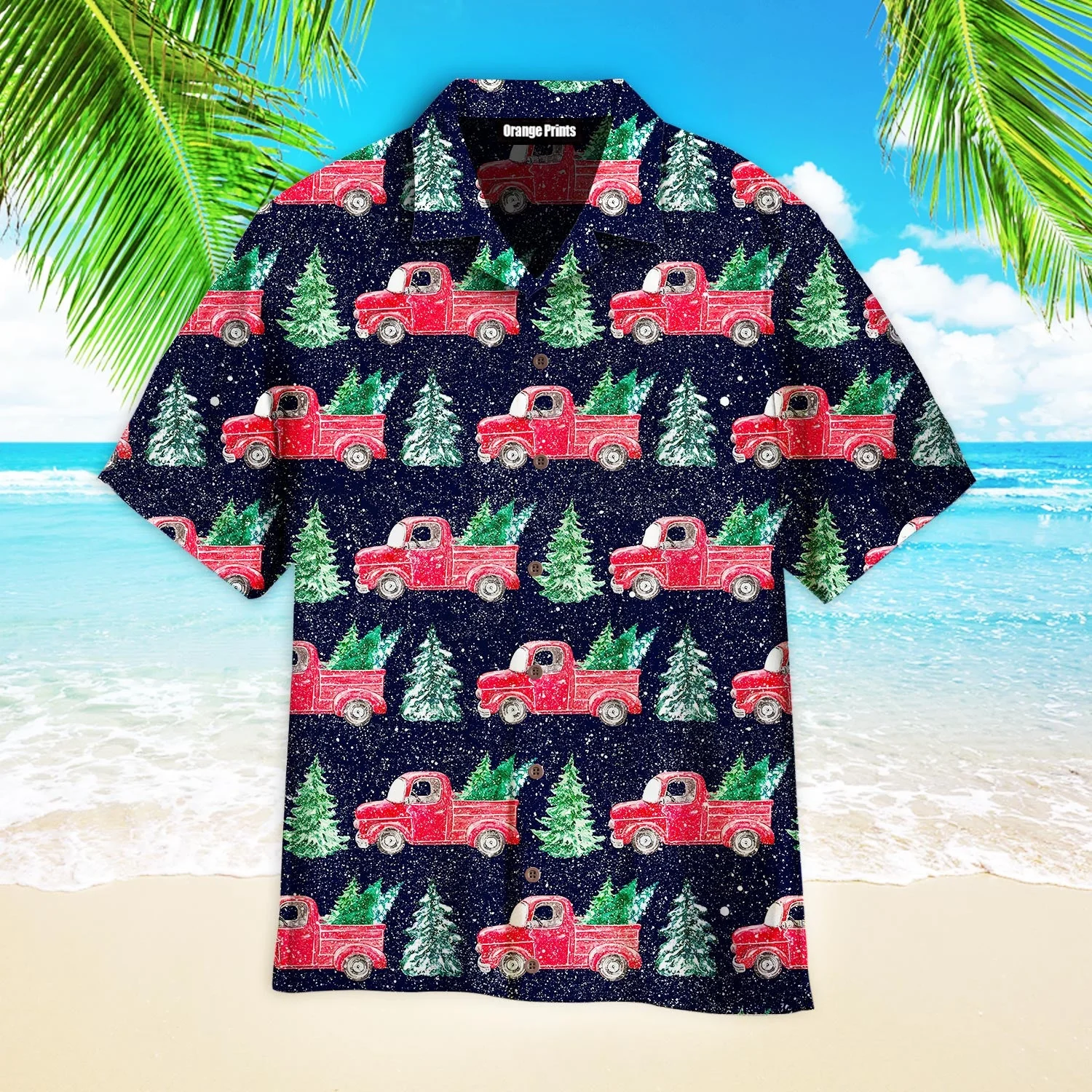 Red Christmas Truck Holding Christmas Trees Aloha Trendy Hawaiian Shirts