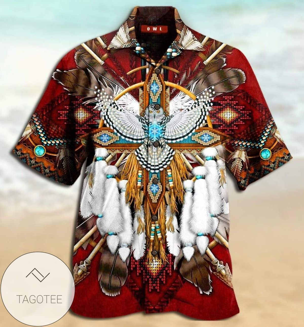 Red Depiction of Majestic Native American Eagle on Hawaiian Shirt