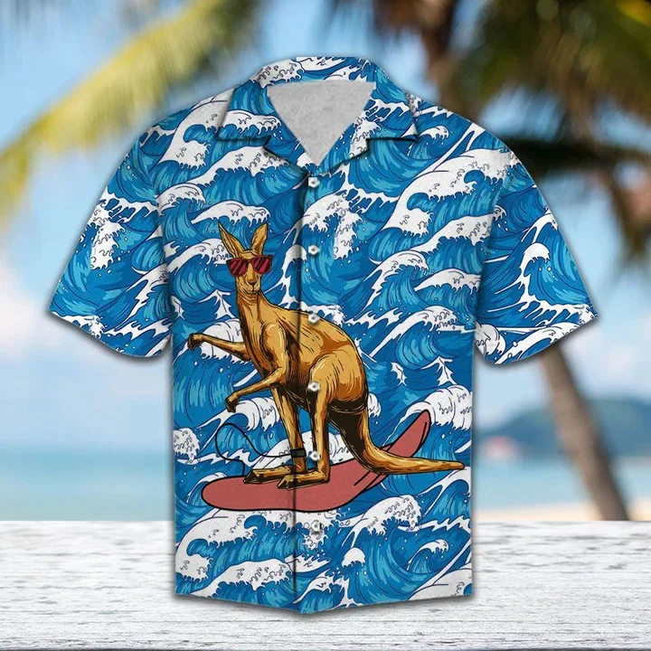Red Glasses Kangaroo Surfing On Ocean Waves Trendy Hawaiian Shirt