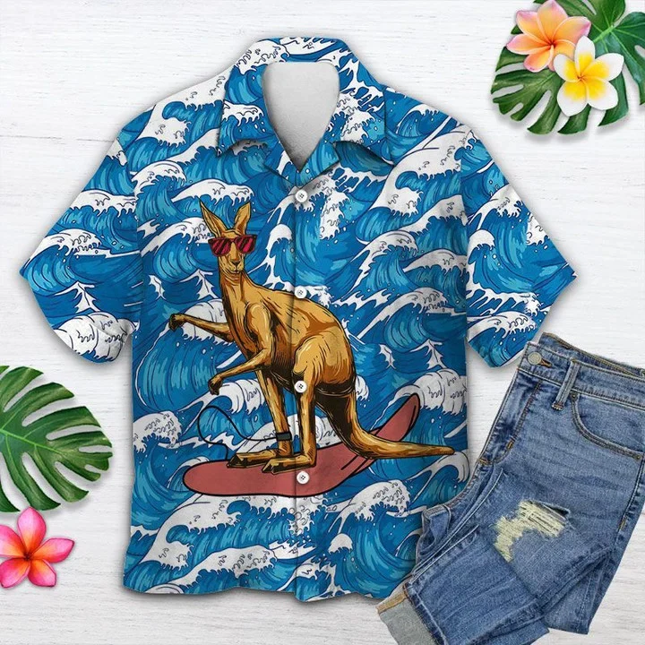 Red Glasses Kangaroo Surfing On Ocean Waves Trendy Hawaiian Shirt