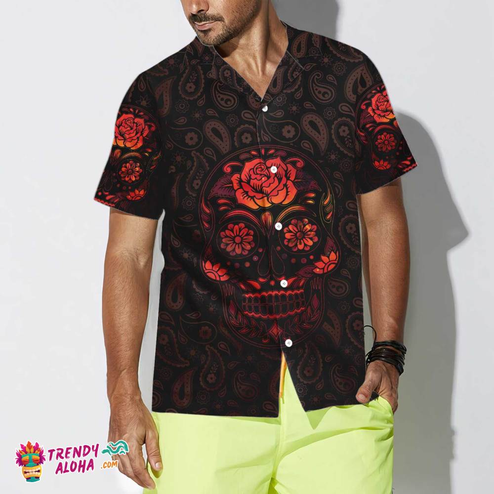 Red Mexican Sugar Skull Hawaiian Shirt, Day Of The Dead Skull Shirt