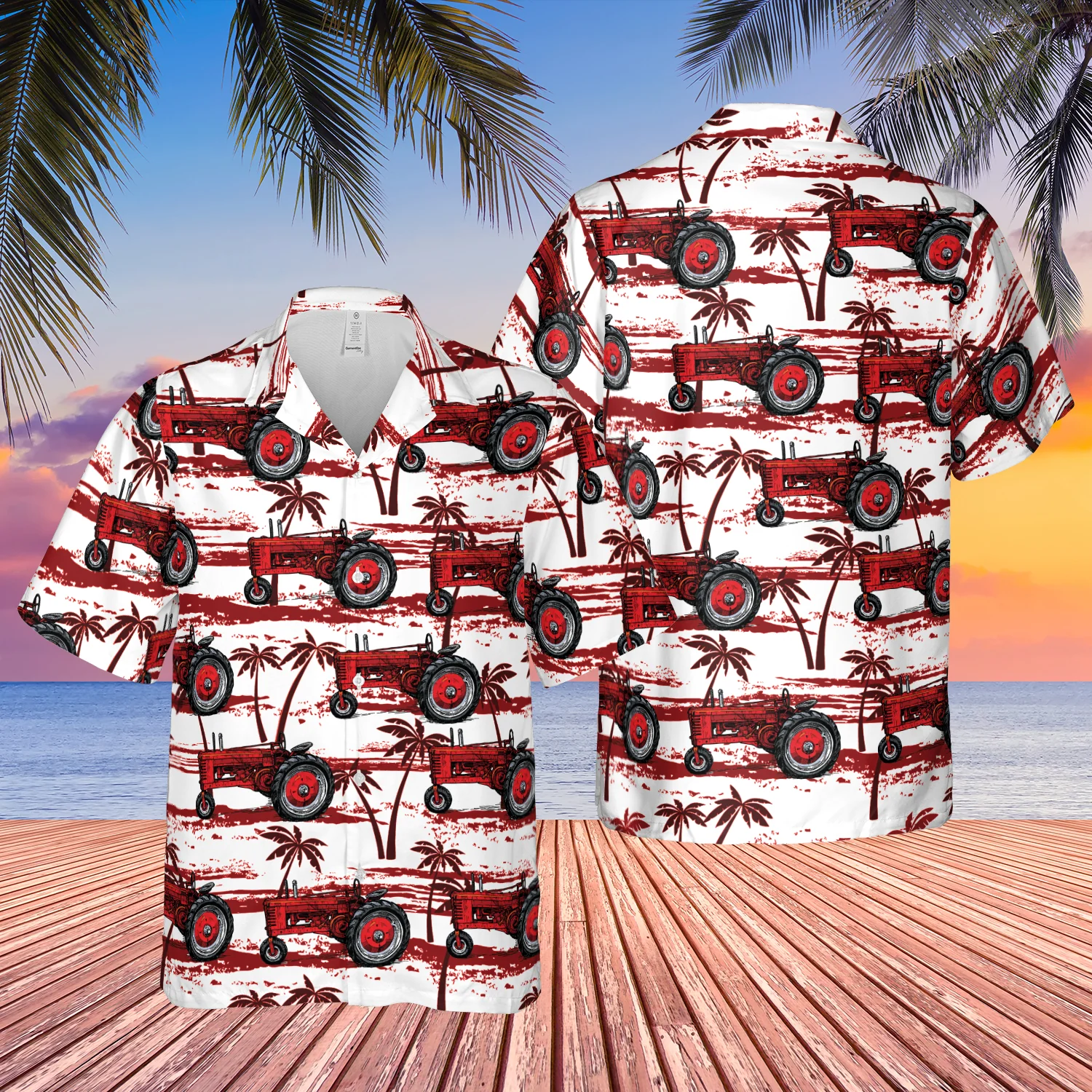 Red Tractor Amidst Countryside in Hawaiian Shirt