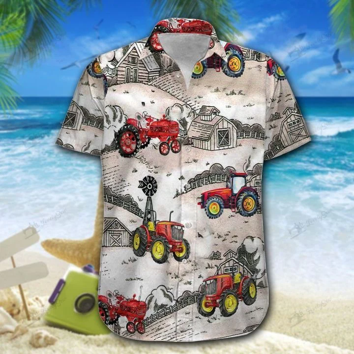 Red Tractor Farm Scene 3D Hawaiian Shirt Power Style One