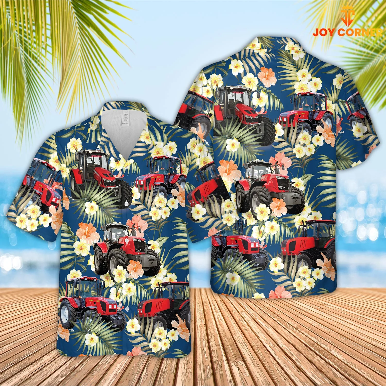 Red Tractor Hawaiian Shirt Featuring Summertime Blue Floral Print 3D