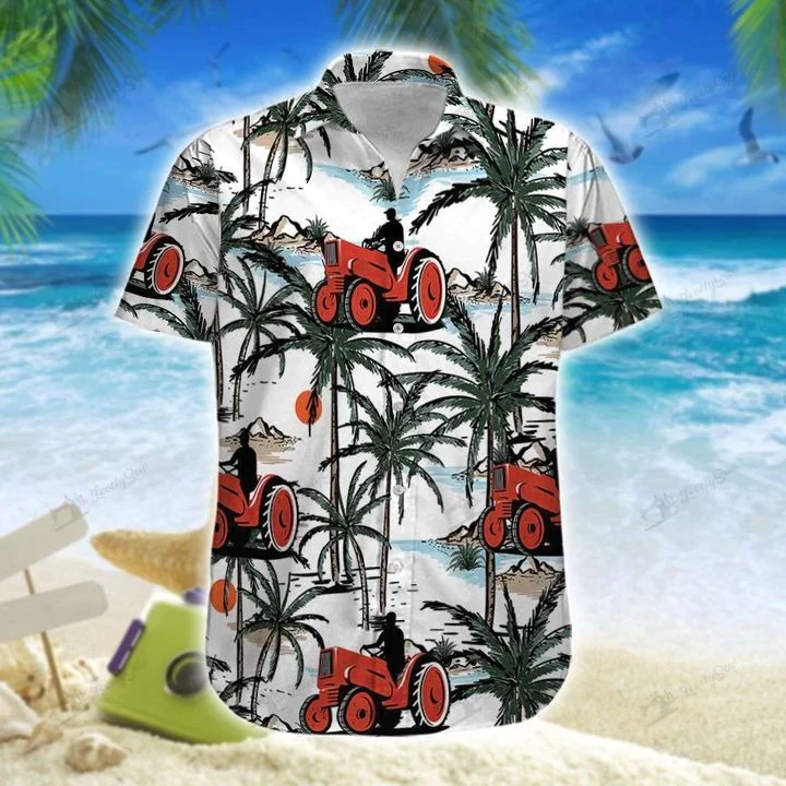 Red Tractor On The Beach All Printed 3D Trendy Hawaiian Shirt, Trendy Hawaiian Shirt Gift For Men And Women