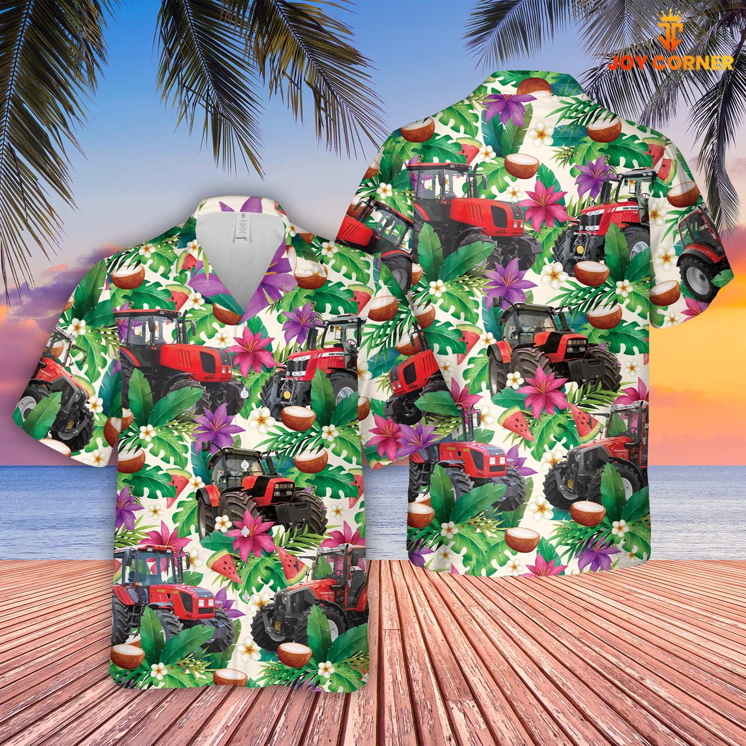 Red Tractor Themed Hawaiian Shirt Featuring Summertime Florals 3D Print Detail