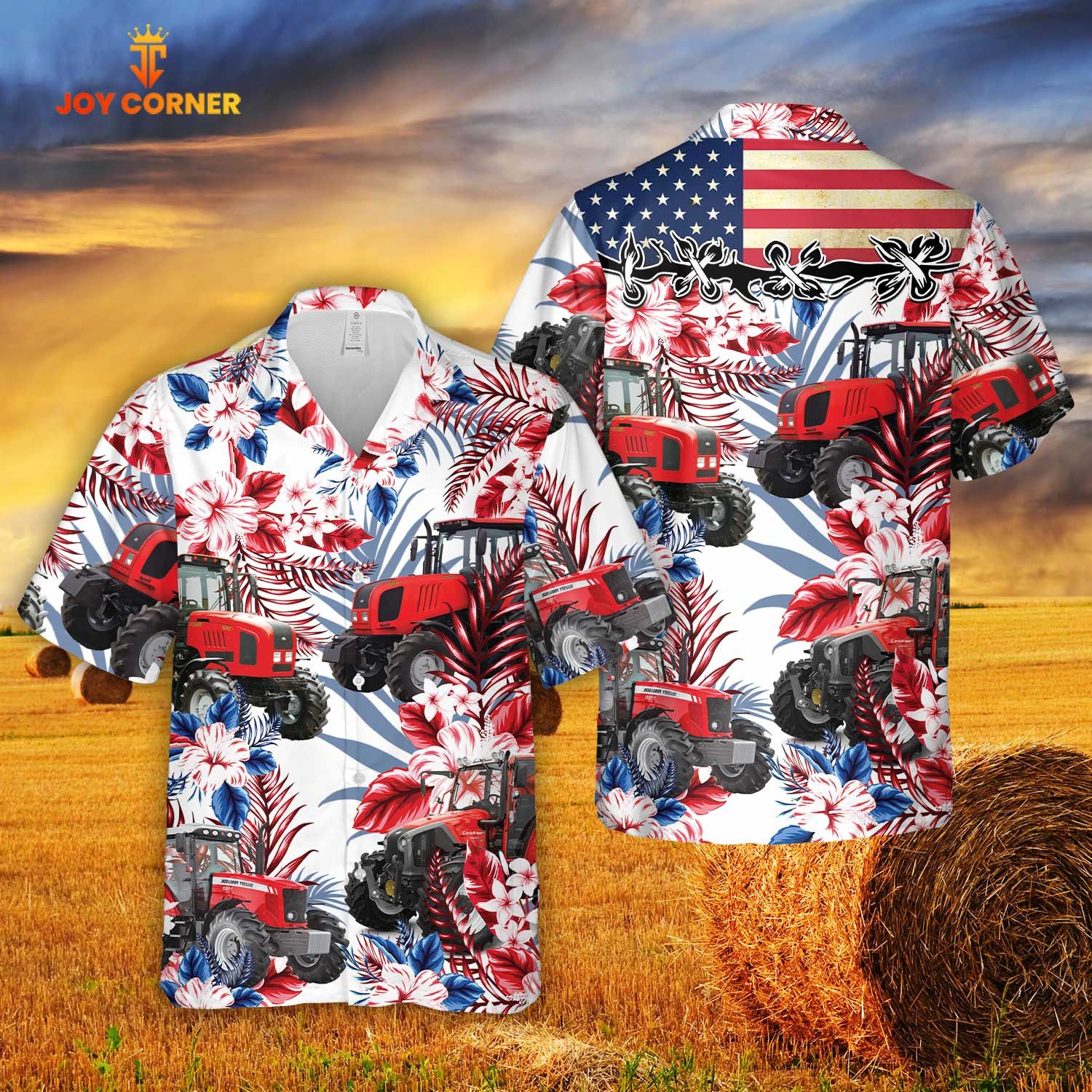 Red Tractors American Flag Hawaiian Flowers All Over Printed 3D Hawaiian Shirt