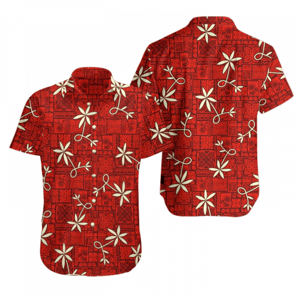 Red Tropical Fantasies Embroidered Hawaiian Top