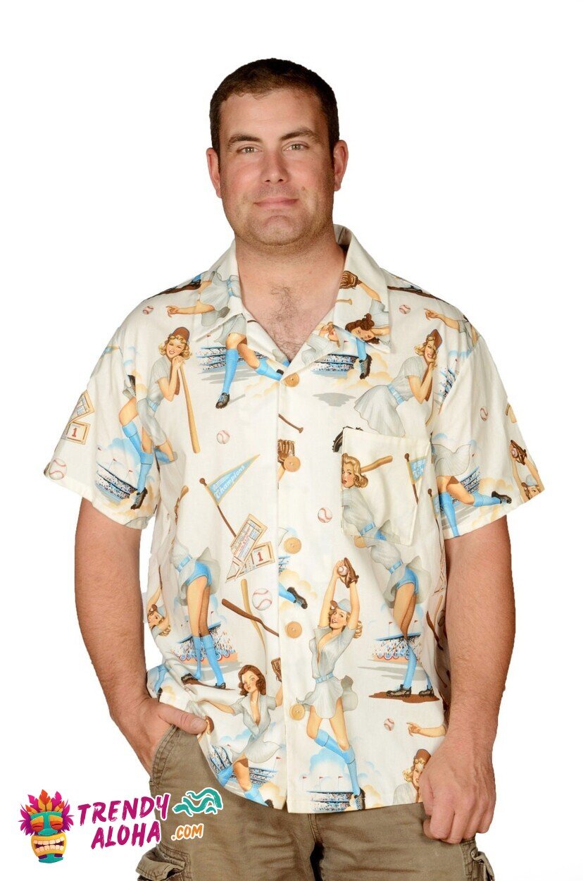 Retro Baseball Gal Pattern Batter Up Fun Sporty Hawaiian Shirt