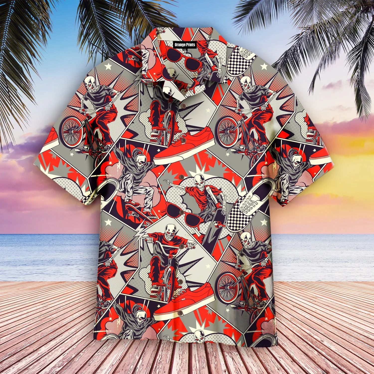 Retro Comic Skull Riding Bike Trendy Hawaiian Shirt
