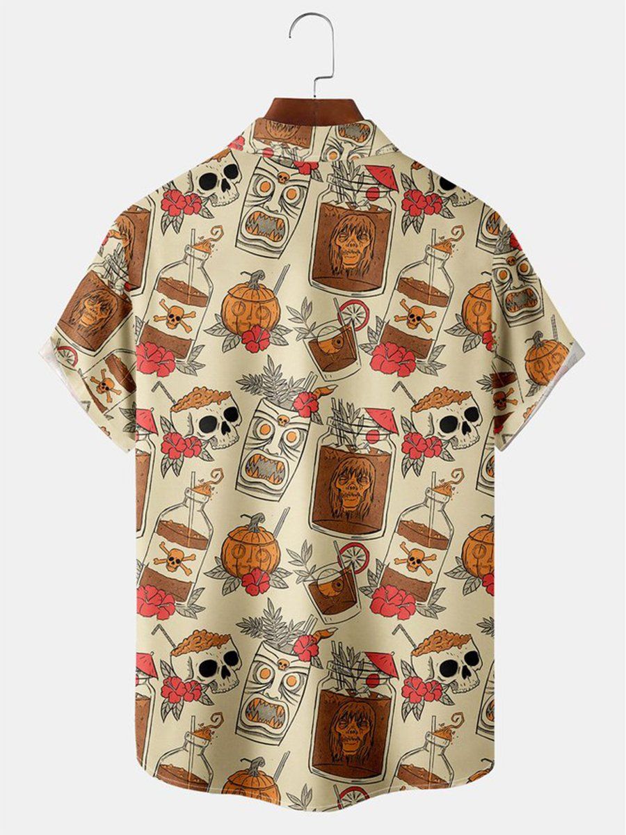 Retro Drink Tiki Skull Print Short Sleeve Shirt Casual Hawaiian Aloha Shirt