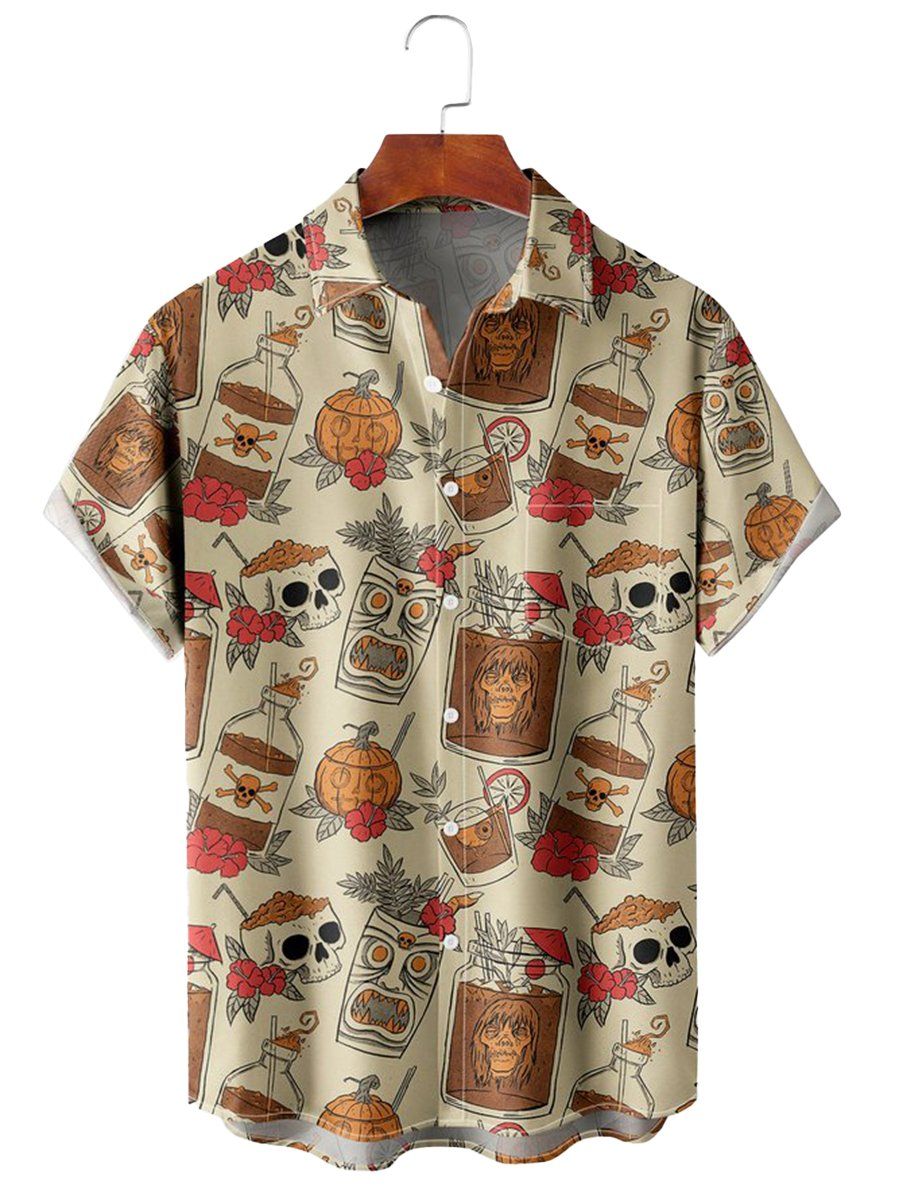 Retro Drink Tiki Skull Print Short Sleeve Shirt Casual Hawaiian Aloha Shirt