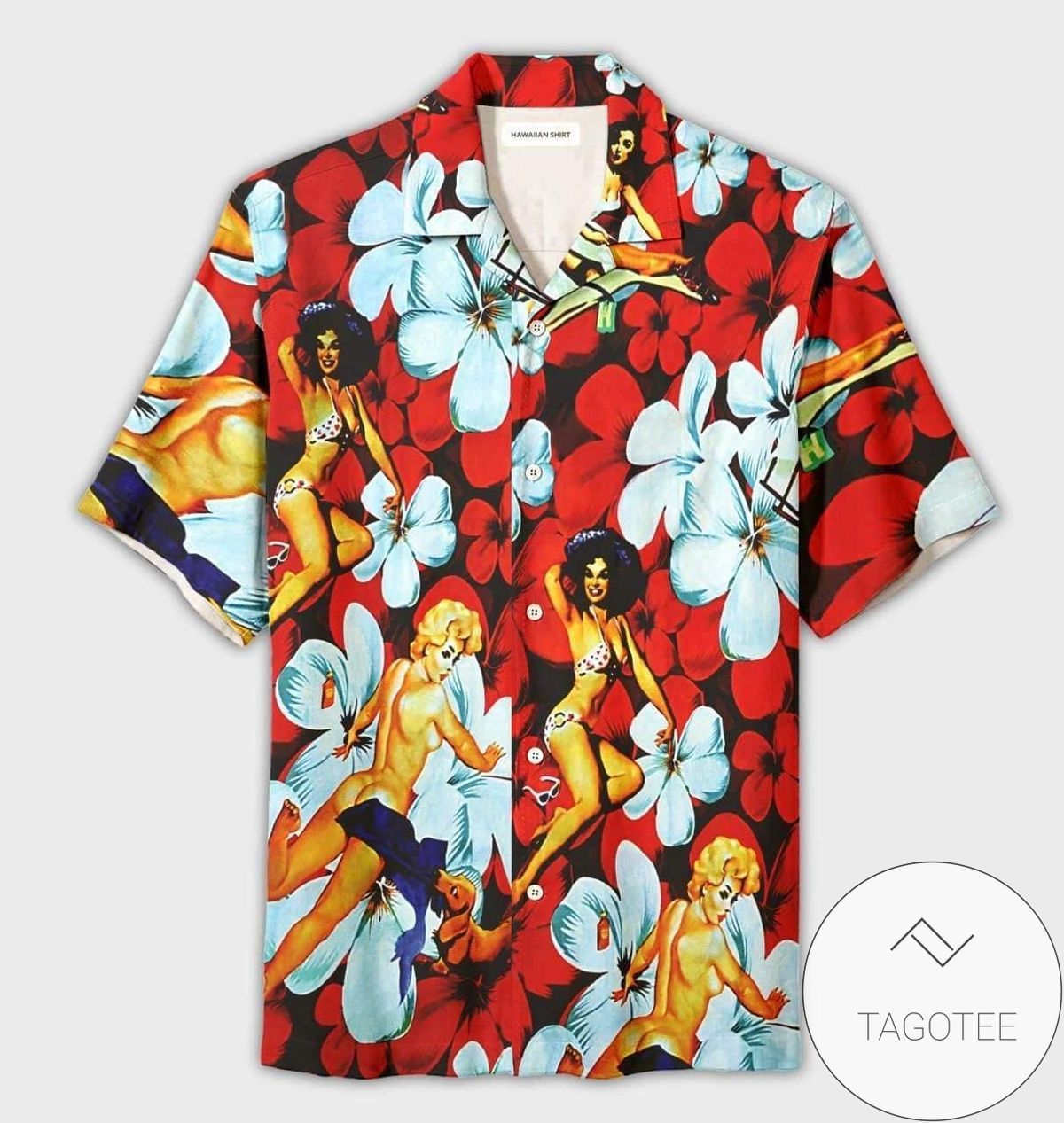 Retro Female Figures Enhance The Red Tropical Hawaiian Shirt