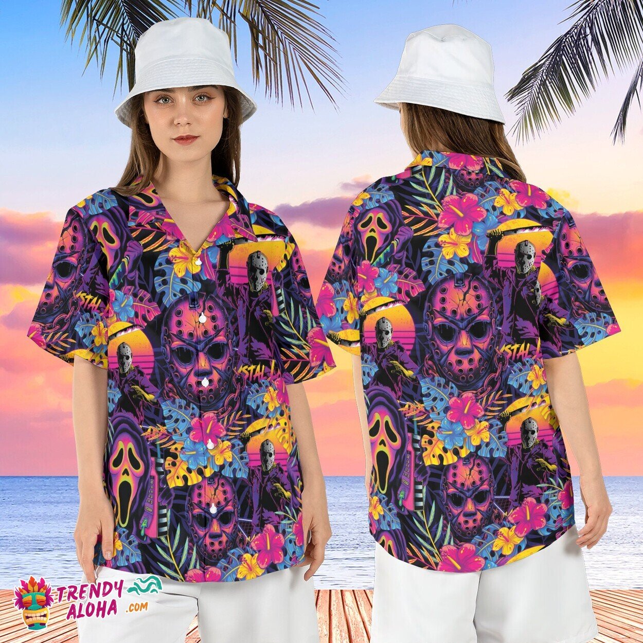 Retro Horror Movies Halloween Summer Sunset Floral Aloha Shirt