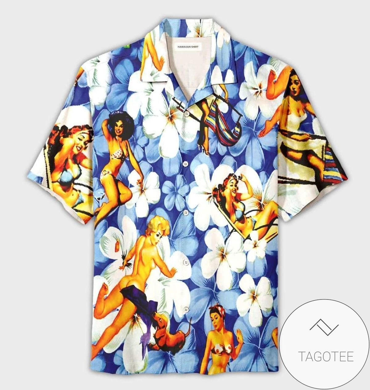 Retro Inspired Sexy Female Illustrations Blue Hawaiian Shirt Theme