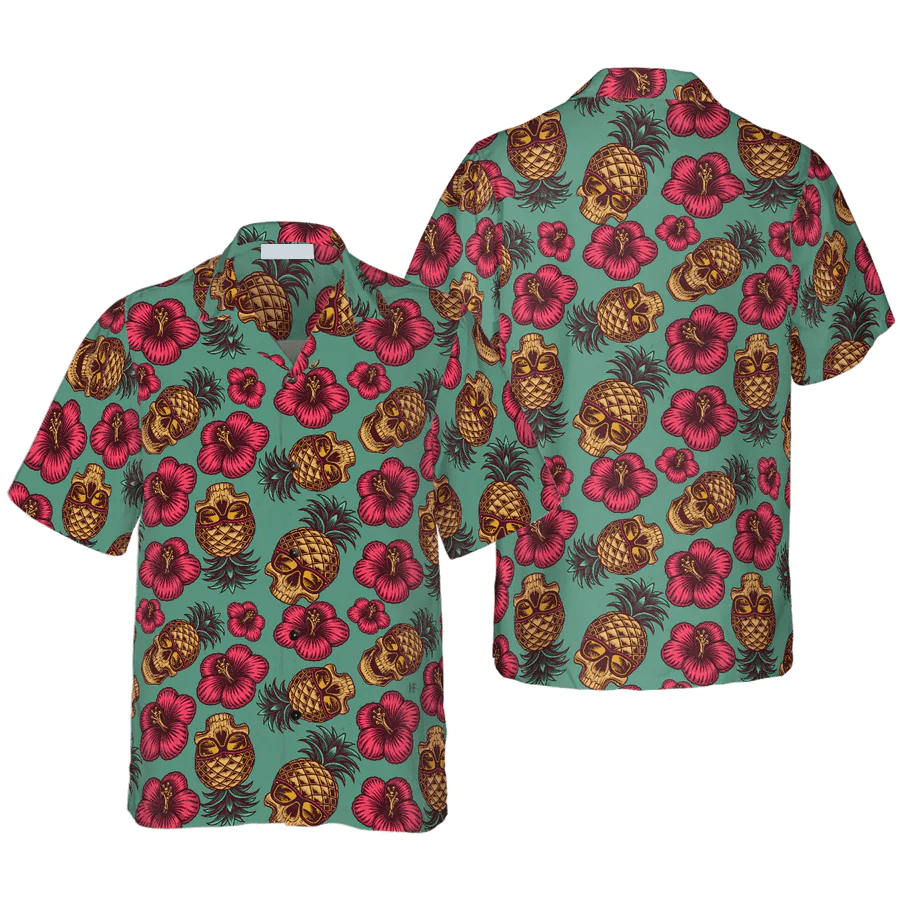 Retro Pineapple Skull Pattern Trendy Hawaiian Shirt, Summer Trendy Hawaiian Shirt For Men And Women
