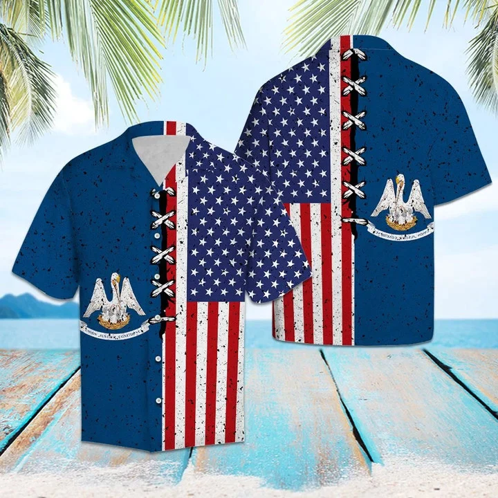 Retro Style Louisiana Usa Flag Pattern Trendy Hawaiian Shirt, Summer Hawaii Shirt