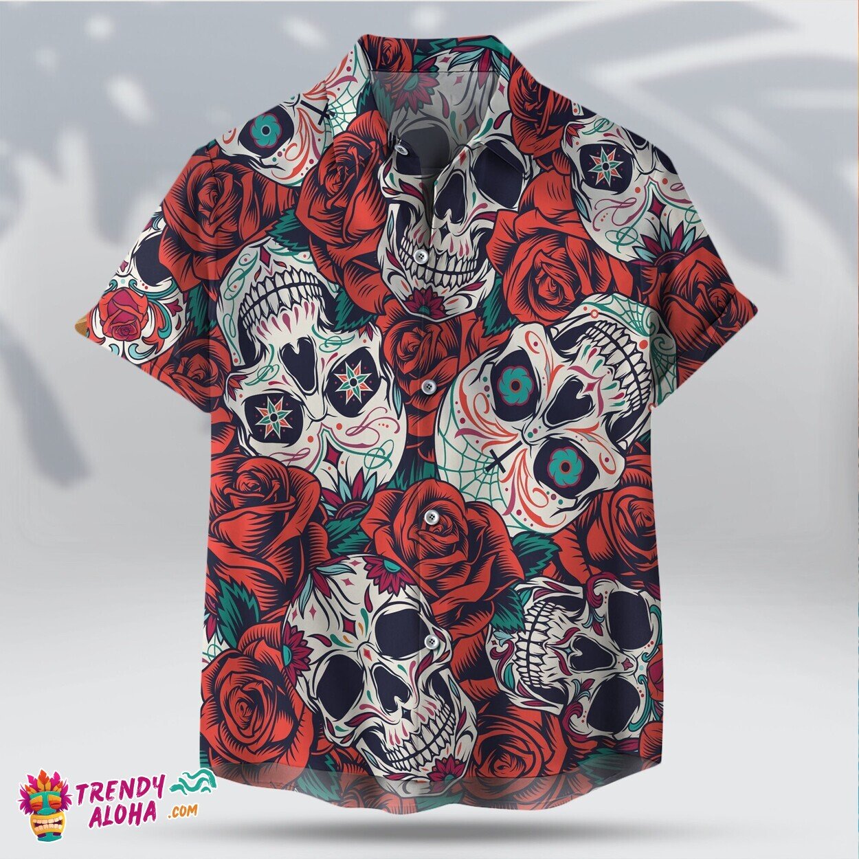 Retro Sugar Skull Roses Unisex Hawaiian Halloween Aloha Tee