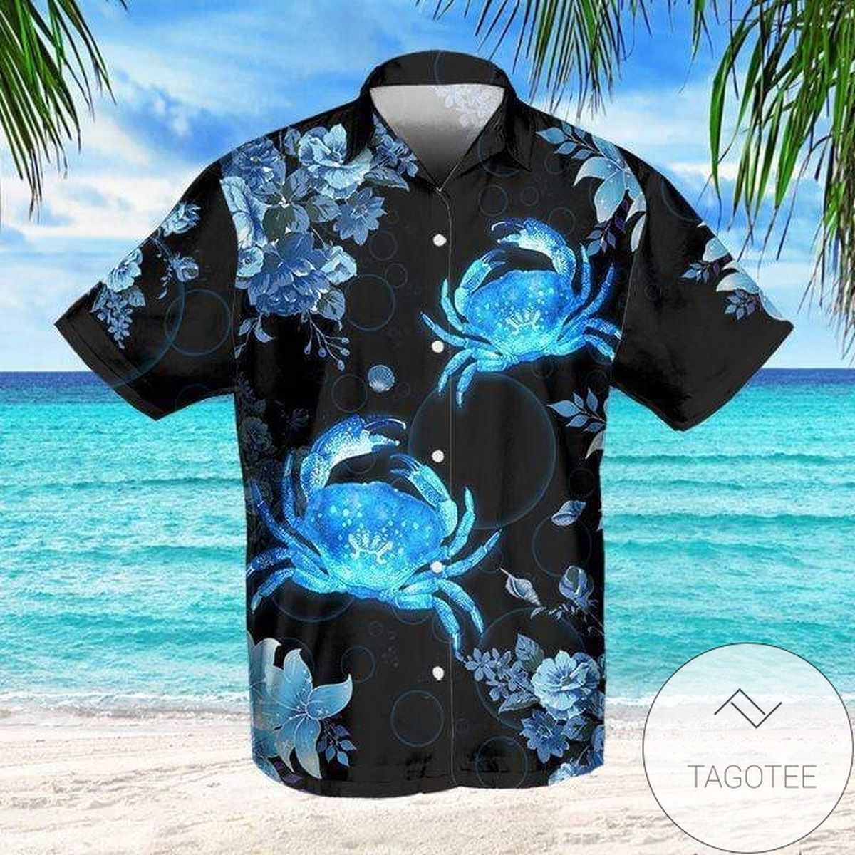 Rich Tropical Scene Featuring Elusive Blue Crab on Hawaiian Shirt