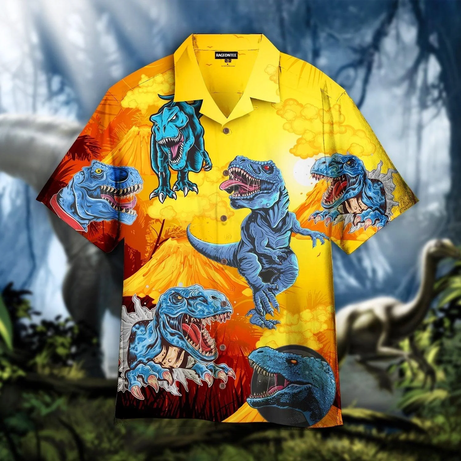 Roaring T Rex Volcano Scene on Hawaiian Shirt