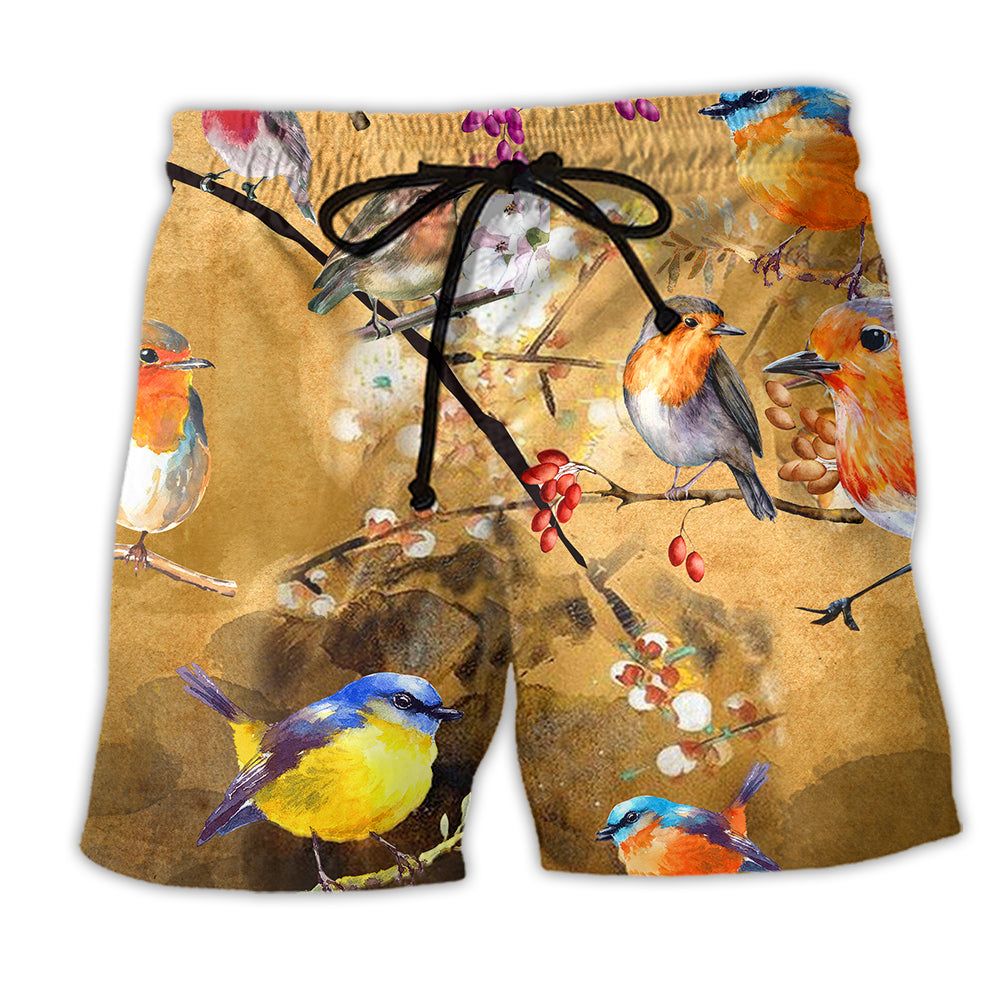 Robin Bird Floral Style Trendy Aloha Hawaiian Beach Shorts Robin Bird Floral Style Trendy Aloha Hawaiian Beach Shorts