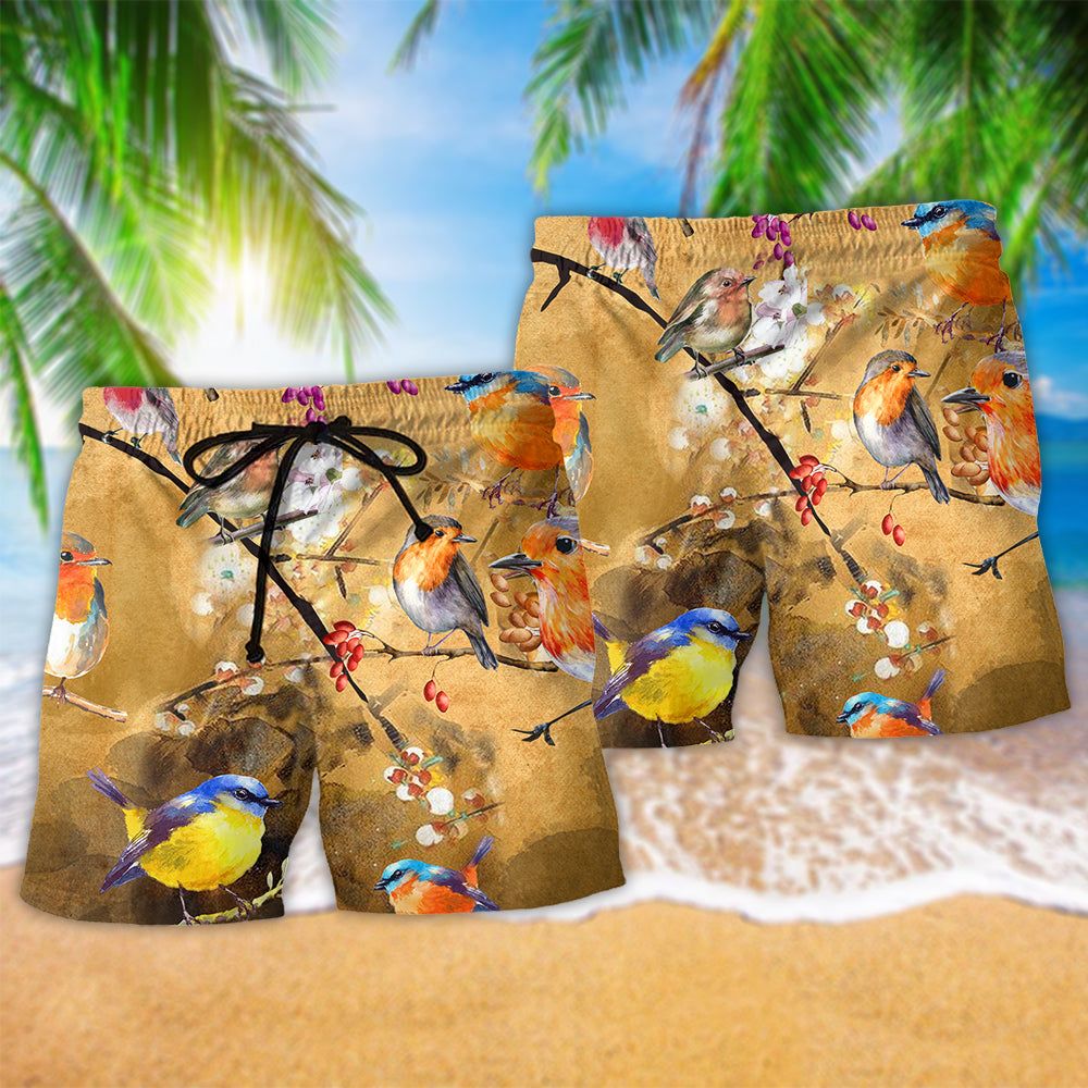 Robin Bird Floral Style Trendy Aloha Hawaiian Beach Shorts