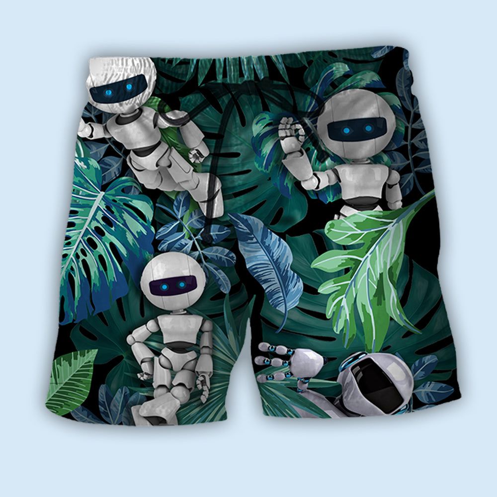 Robot Tropical Leaf Style Trendy Aloha Hawaiian Beach Shorts