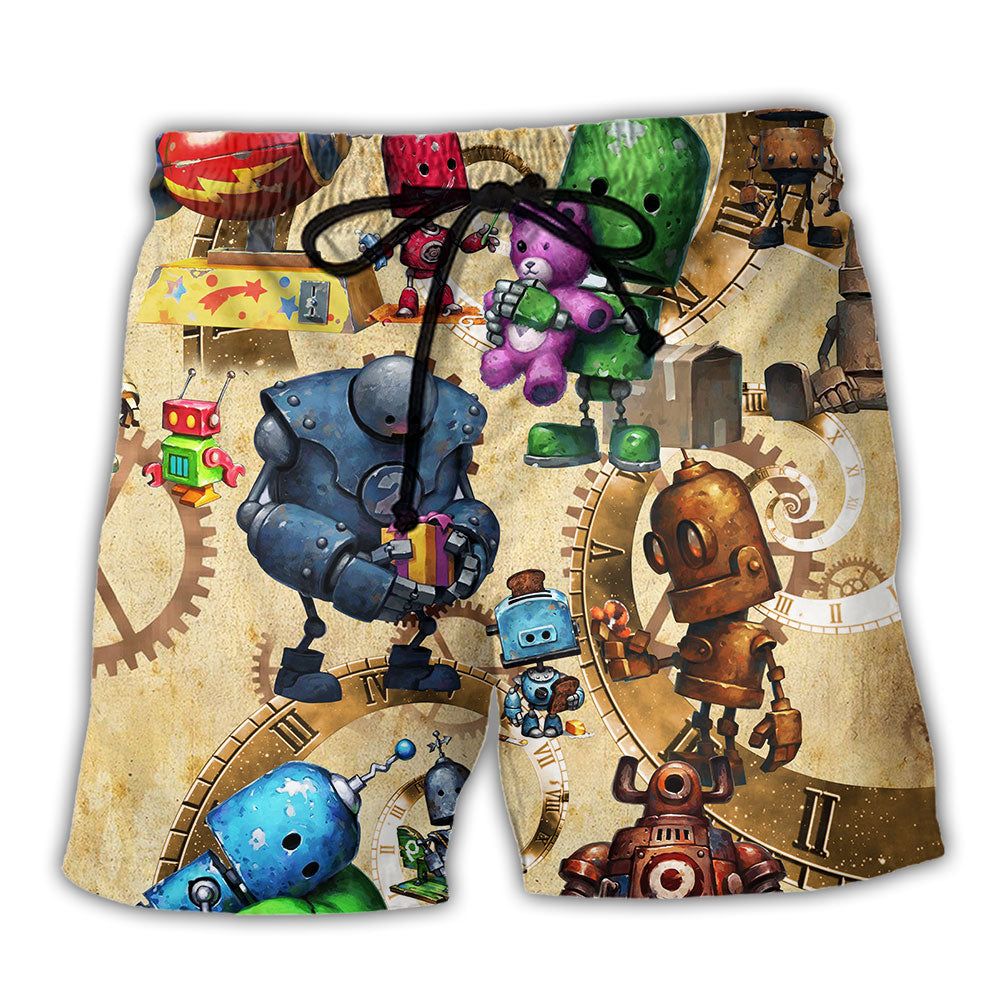 Robot With Solf Hearts Vintage Trendy Aloha Hawaiian Beach Shorts Robot With Solf Hearts Vintage Trendy Aloha Hawaiian Beach Shorts