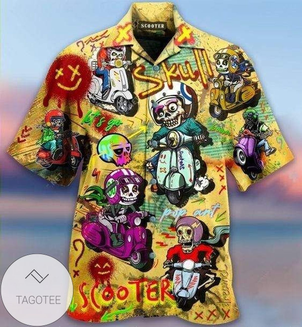 Rolling Skulls with Scooters on a Vibrant Hawaiian Shirt