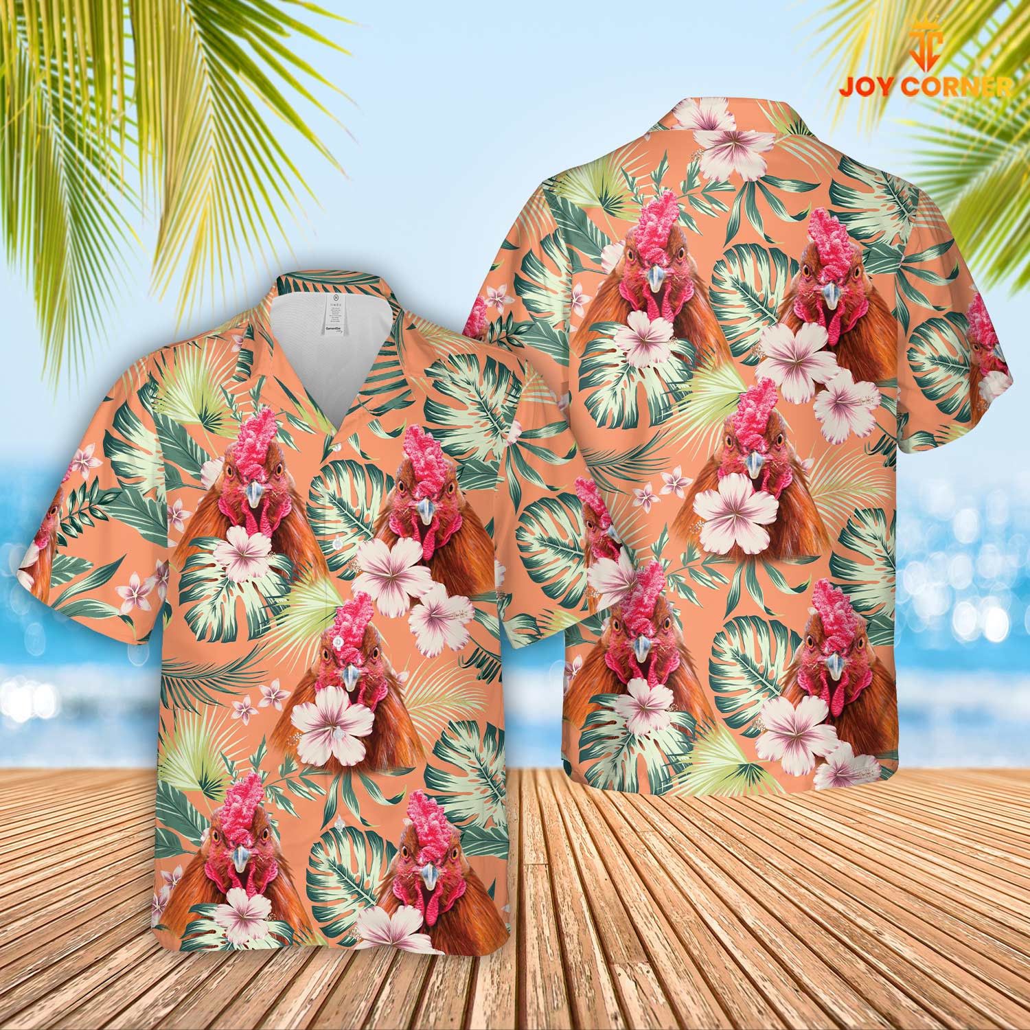 Rooster Basking In Summertime Florals Hawaiian Shirt Print