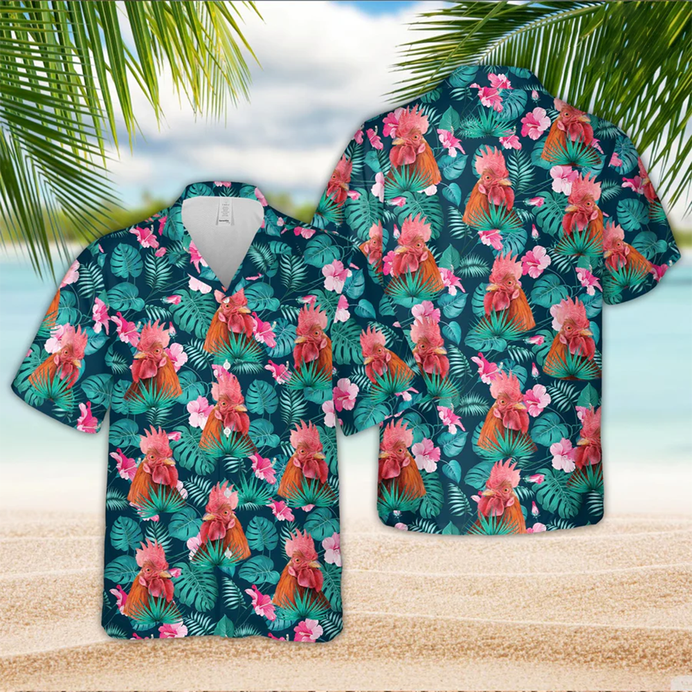 Rooster Blue Floral Summer 3D Trendy Hawaiian Shirt
