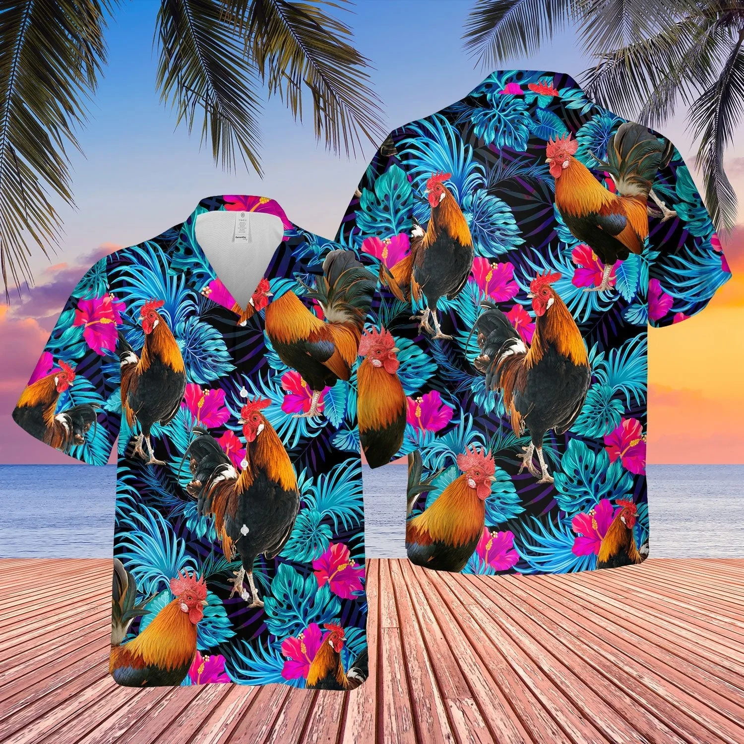 Rooster Blue Neon Tropical Hawaii Shirt, Chicken Lover Trendy Hawaiian Shirt For Summer Gifts