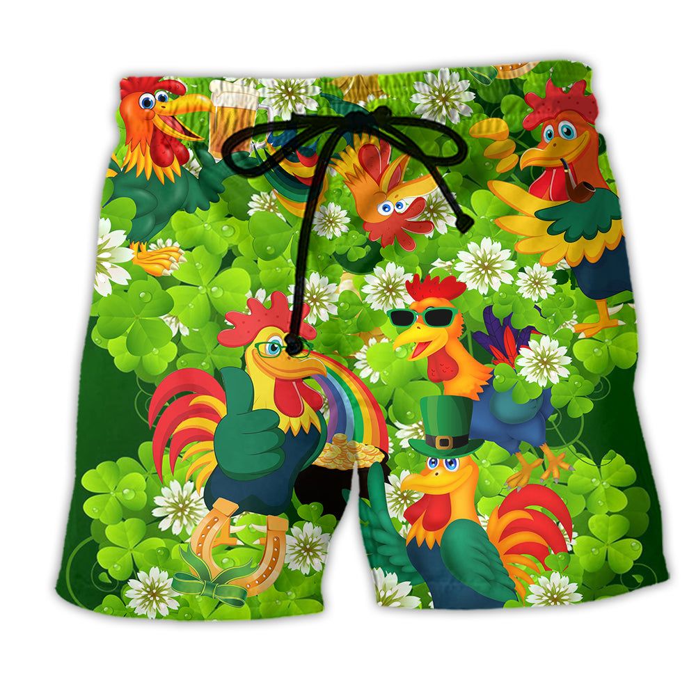 Rooster Bring Luck Shamrock Trendy Aloha Hawaiian Beach Shorts