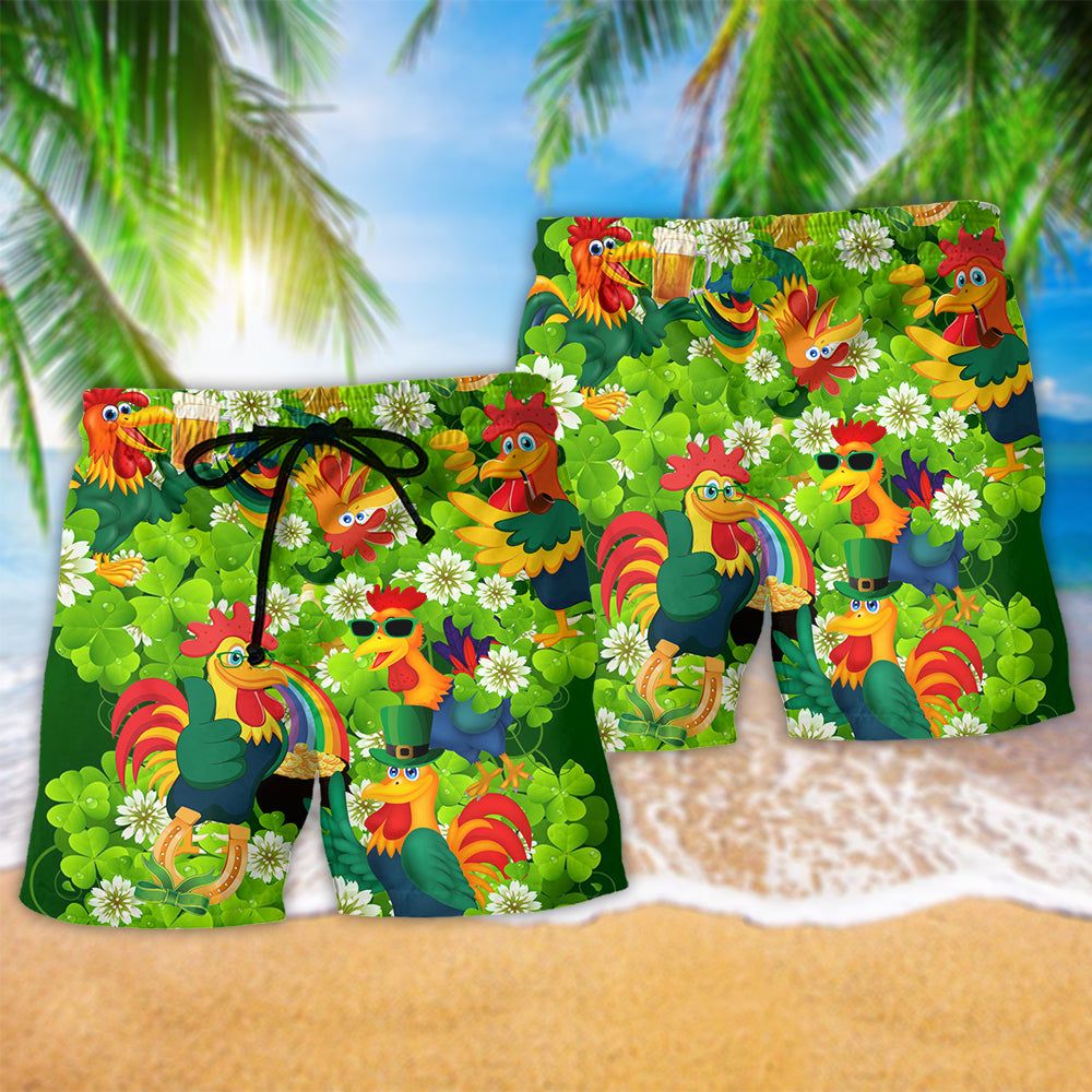 Rooster Bring Luck Shamrock Trendy Aloha Hawaiian Beach Shorts