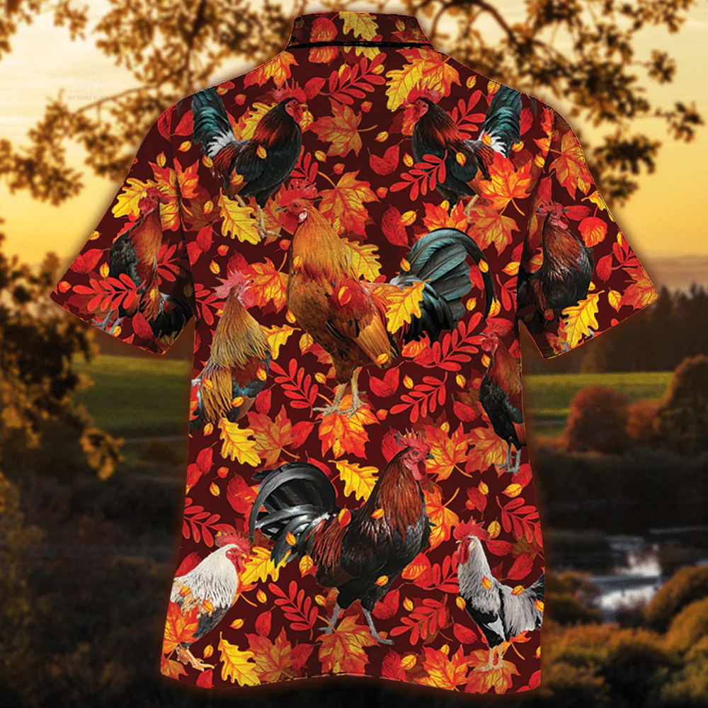 Rooster Chicken Lovers Autumn Red Leaves Trendy Hawaiian Shirt, Chicken Lover Trendy Hawaiian Shirt For Summer Gifts