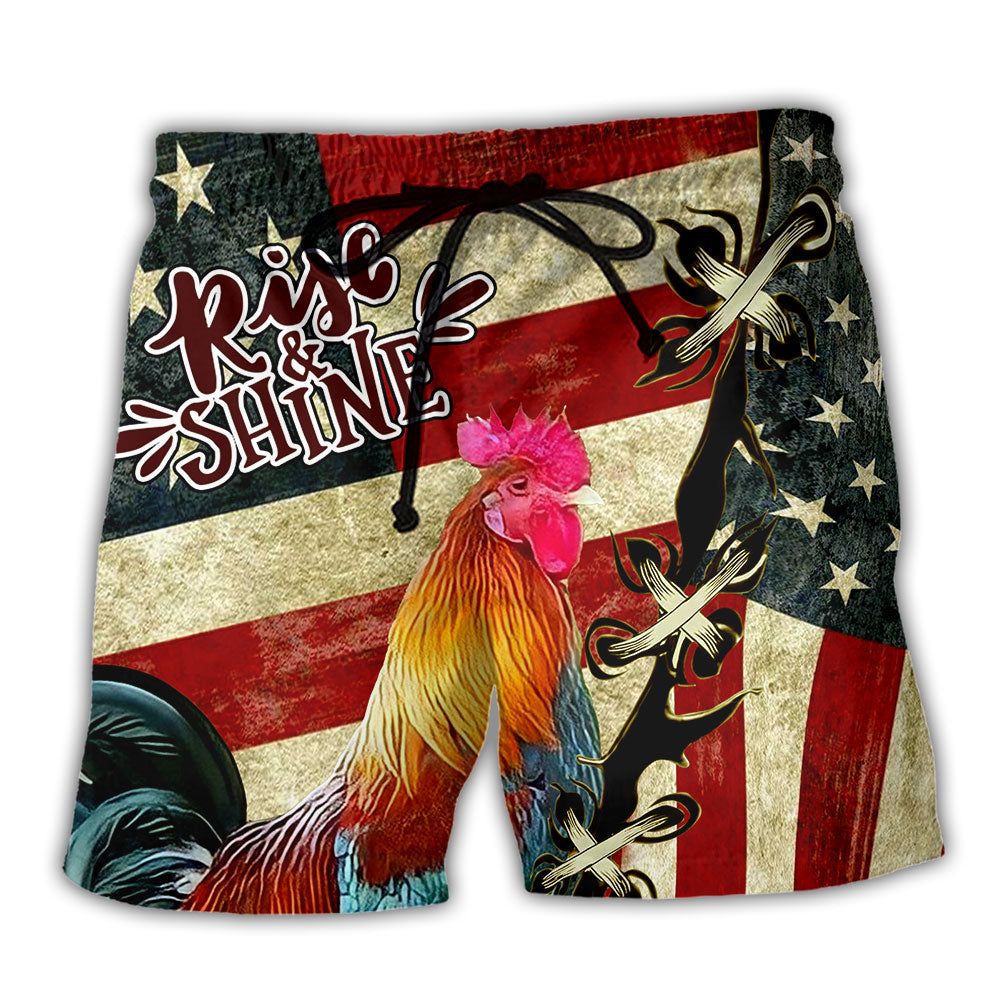 Rooster Farm America And Chicken Rise Shine Trendy Aloha Hawaiian Beach Shorts