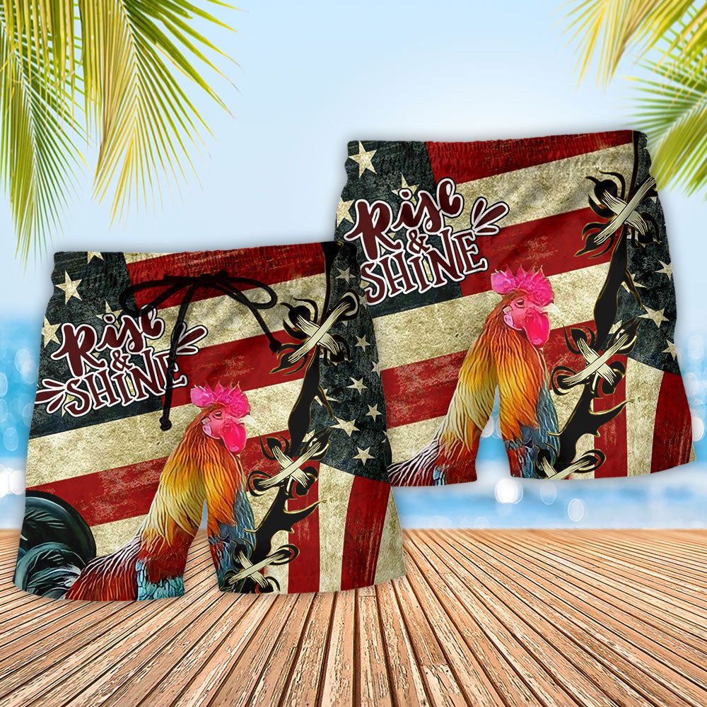 Rooster Farm America And Chicken Rise Shine Trendy Aloha Hawaiian Beach Shorts