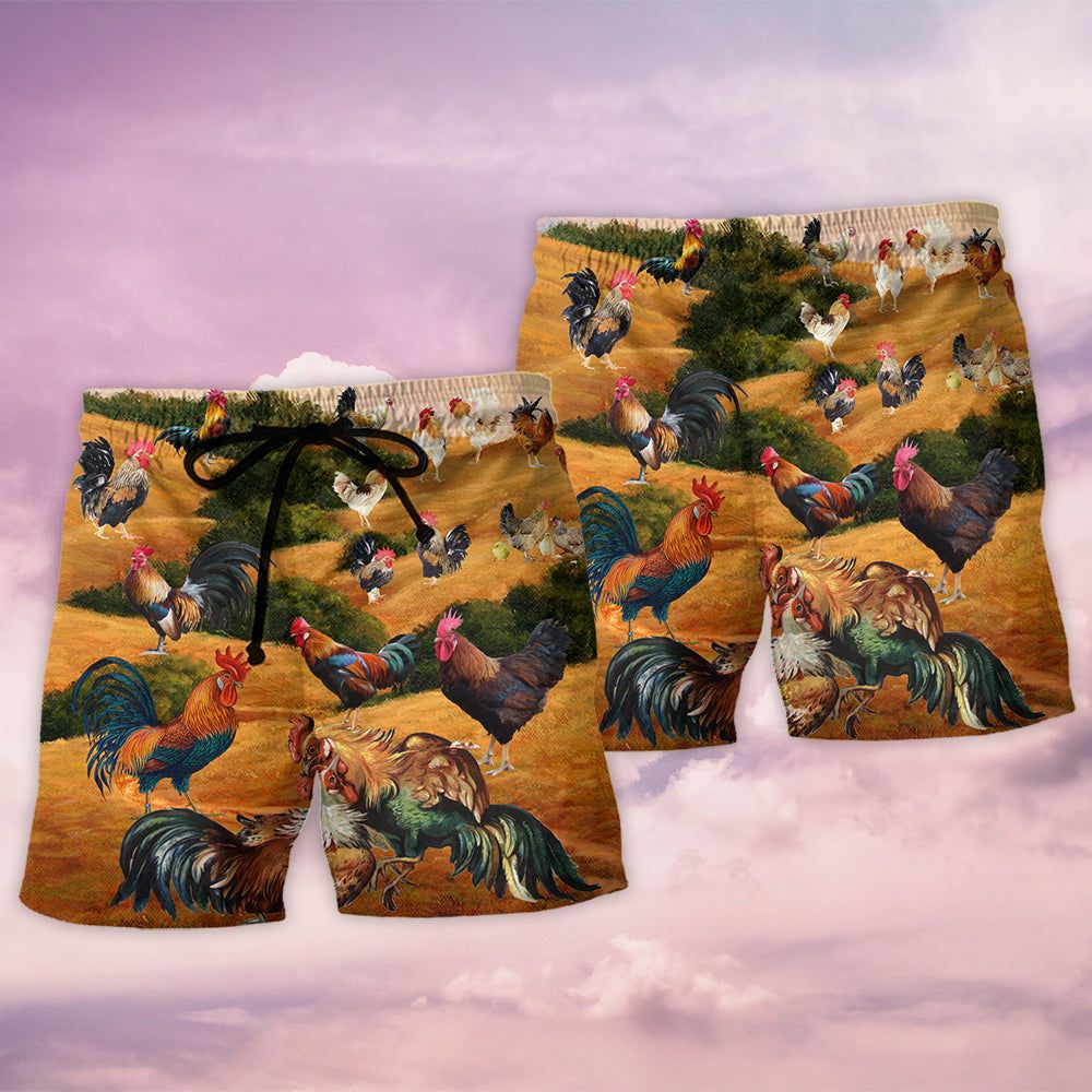 Rooster Farm Autumn Style Trendy Aloha Hawaiian Beach Shorts