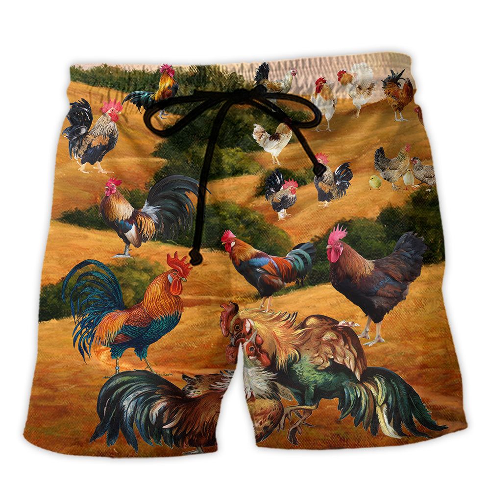 Rooster Farm Autumn Style Trendy Aloha Hawaiian Beach Shorts