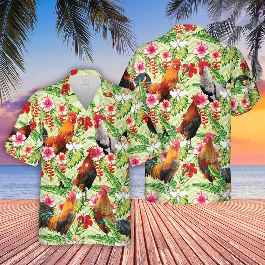 Rooster Hibicus Floral 3D Trendy Hawaiian Shirt, Farm Lover Hawaii Shirt, Hawaiian Casual Button Down Shirt