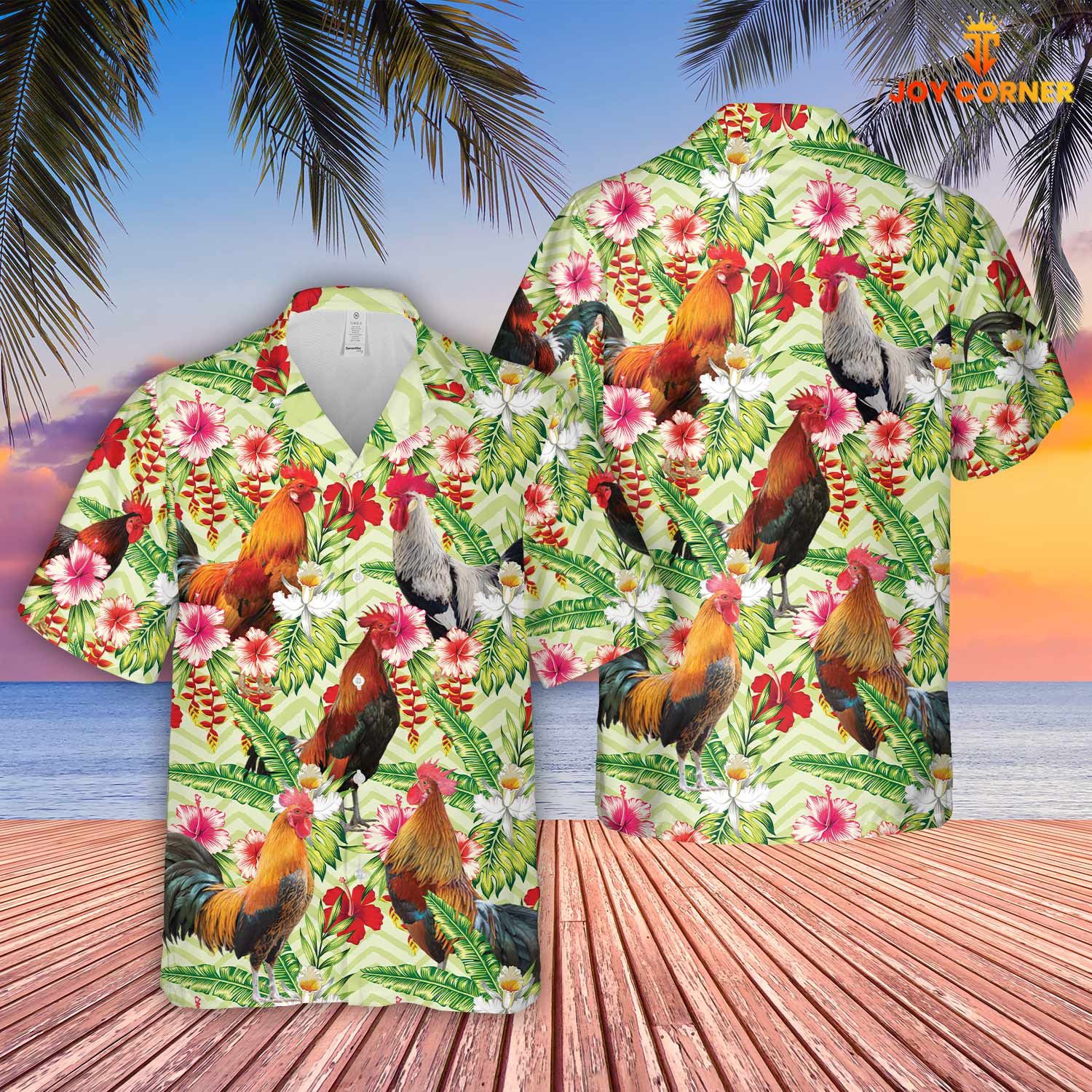 Rooster Highlighted Hibicus Floral Hawaiian Shirt In 3D Print Vibrant Detail