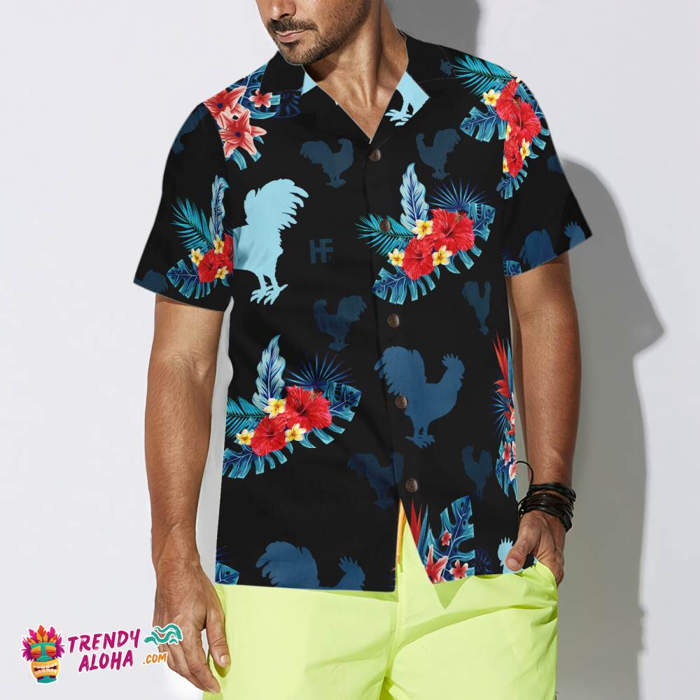 Rooster In Tropical Blue Hawaiian Shirt