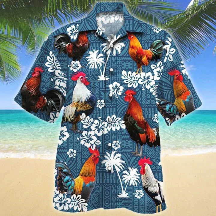 Rooster Lovers Blue Tribal Trendy Hawaiian Shirt, Chicken Trendy Hawaiian Shirts, Rooster Aloha Shirt For Men, Hawaii Shirt Woman