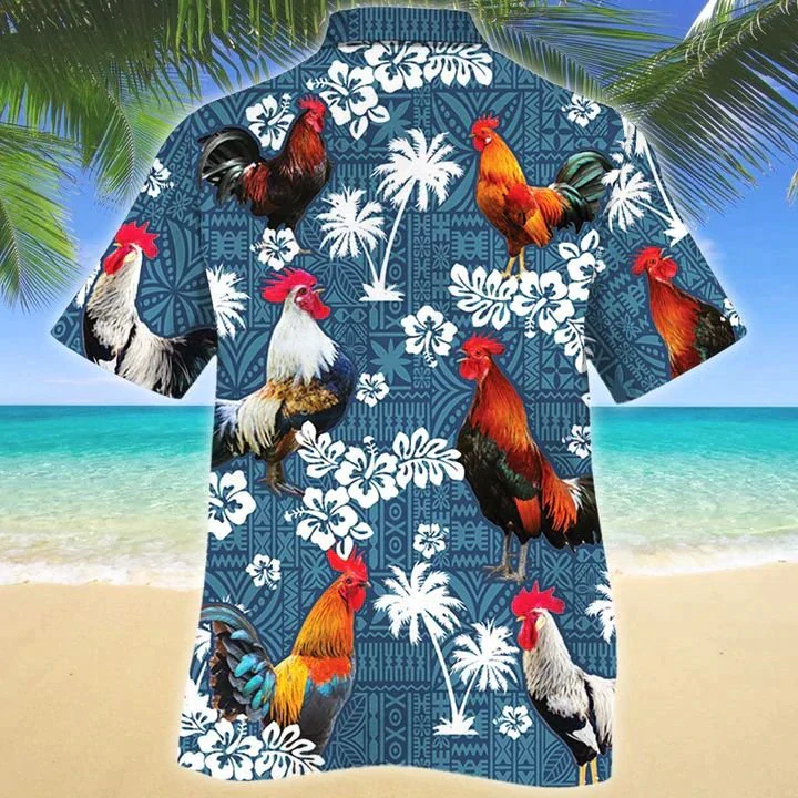 Rooster Lovers Blue Tribal Trendy Hawaiian Shirt, Chicken Trendy Hawaiian Shirts, Rooster Aloha Shirt For Men, Hawaii Shirt Woman