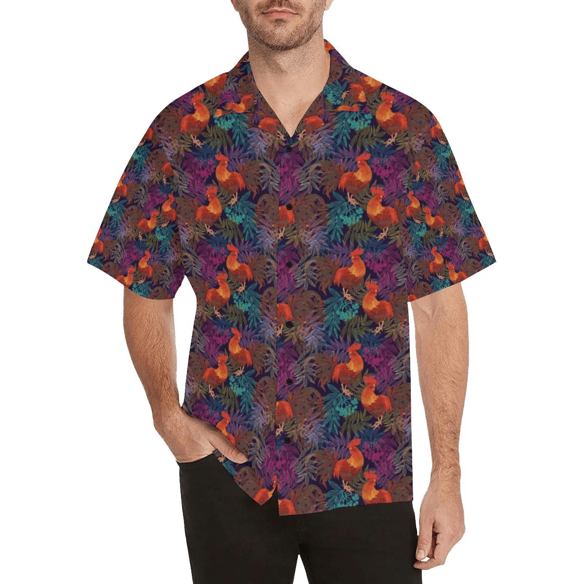 Rooster Print Style Trendy Hawaiian Shirt, Chicken Lover Trendy Hawaiian Shirt For Summer Gifts