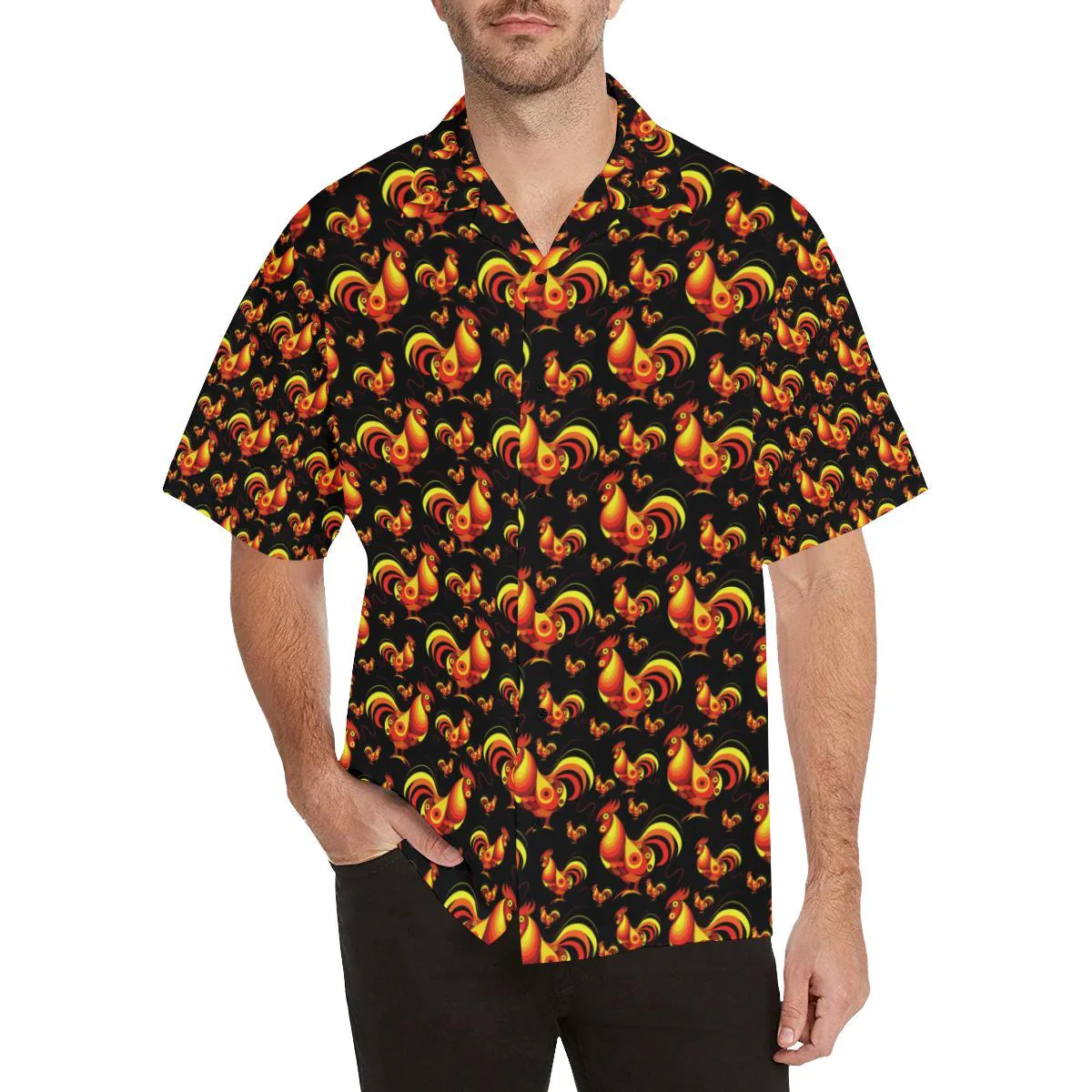 Rooster Print Themed Trendy Hawaiian Shirt, Chicken Lover Trendy Hawaiian Shirt For Summer Gifts