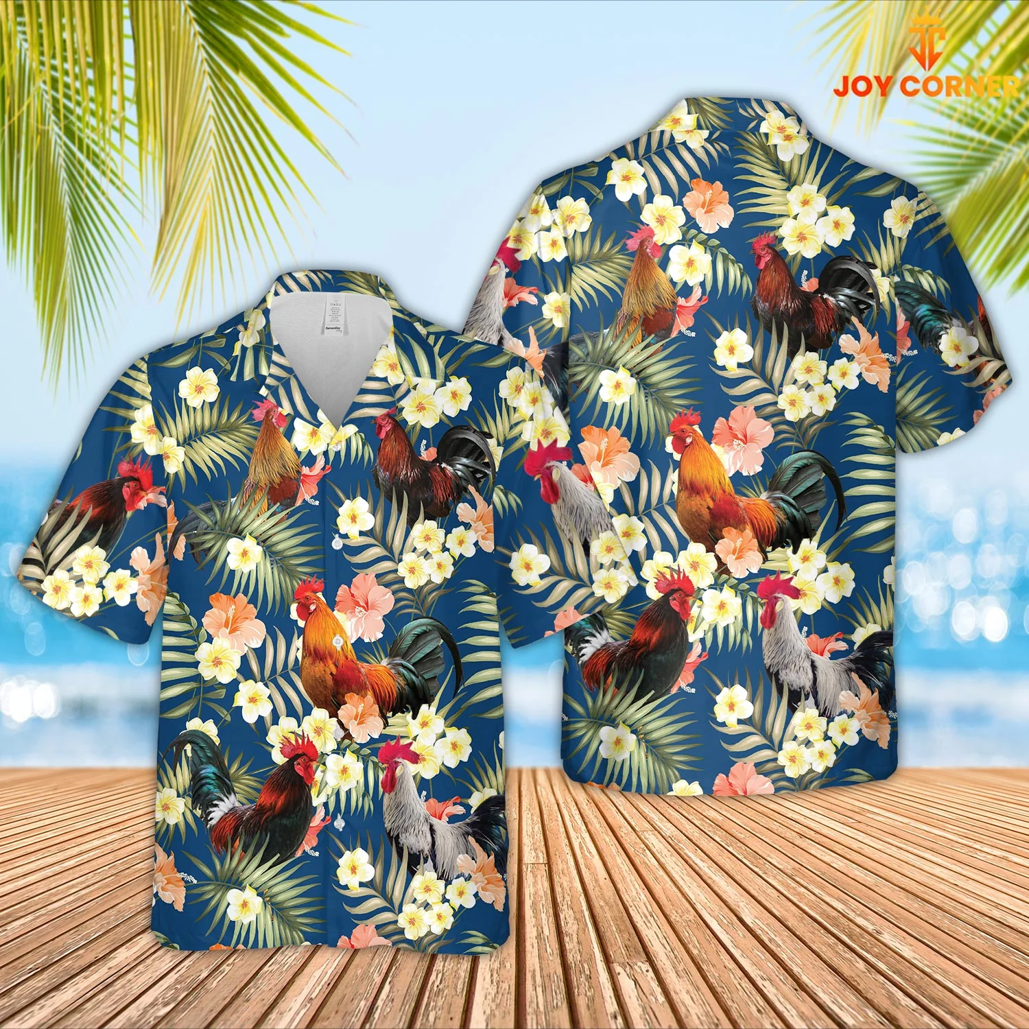 Rooster Showcasing Summertime Blue Floral Design Hawaiian Shirt 3D