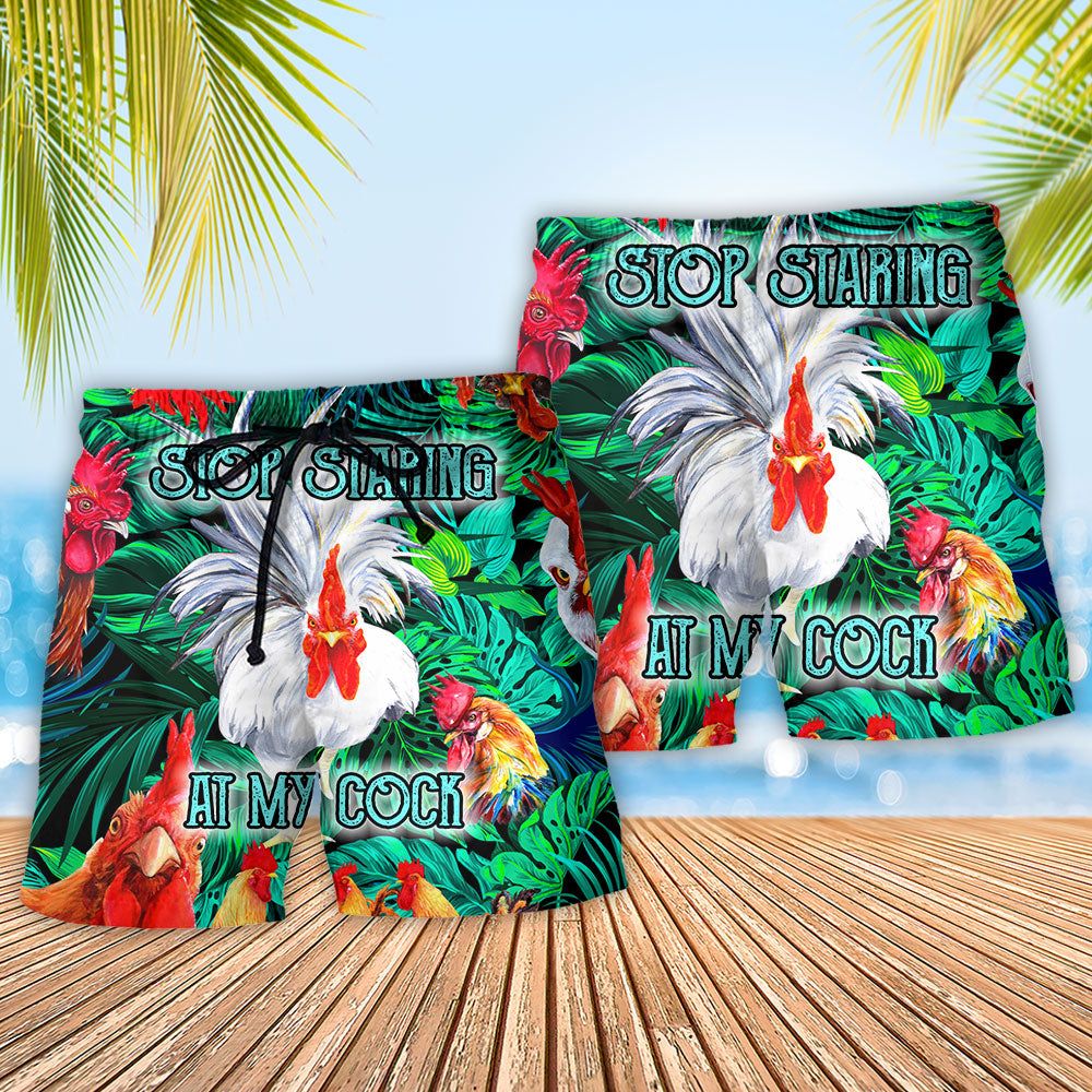 Rooster Stop Staring At My Cock Funny Trendy Aloha Hawaiian Beach Shorts